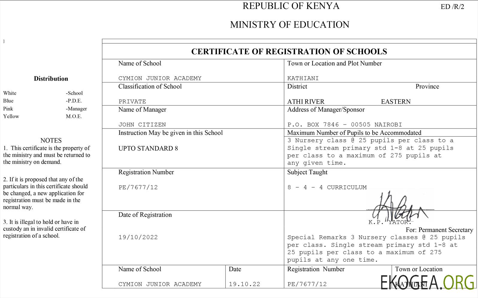 Kenya certificat d'enregistrement des écoles